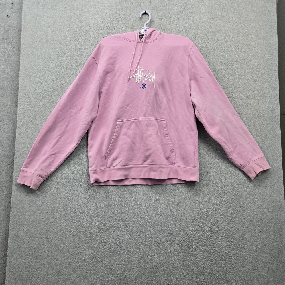 Stussy Women Hoodie L Pink Logo Embroidered Fleece Drawstring Pullover READ